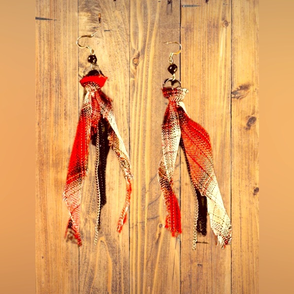 ⚫️Farmhouse Bling Plaid Fabric Rustic Boho Tassel Earring Shoulder Dusters OOAK - Picture 5 of 10